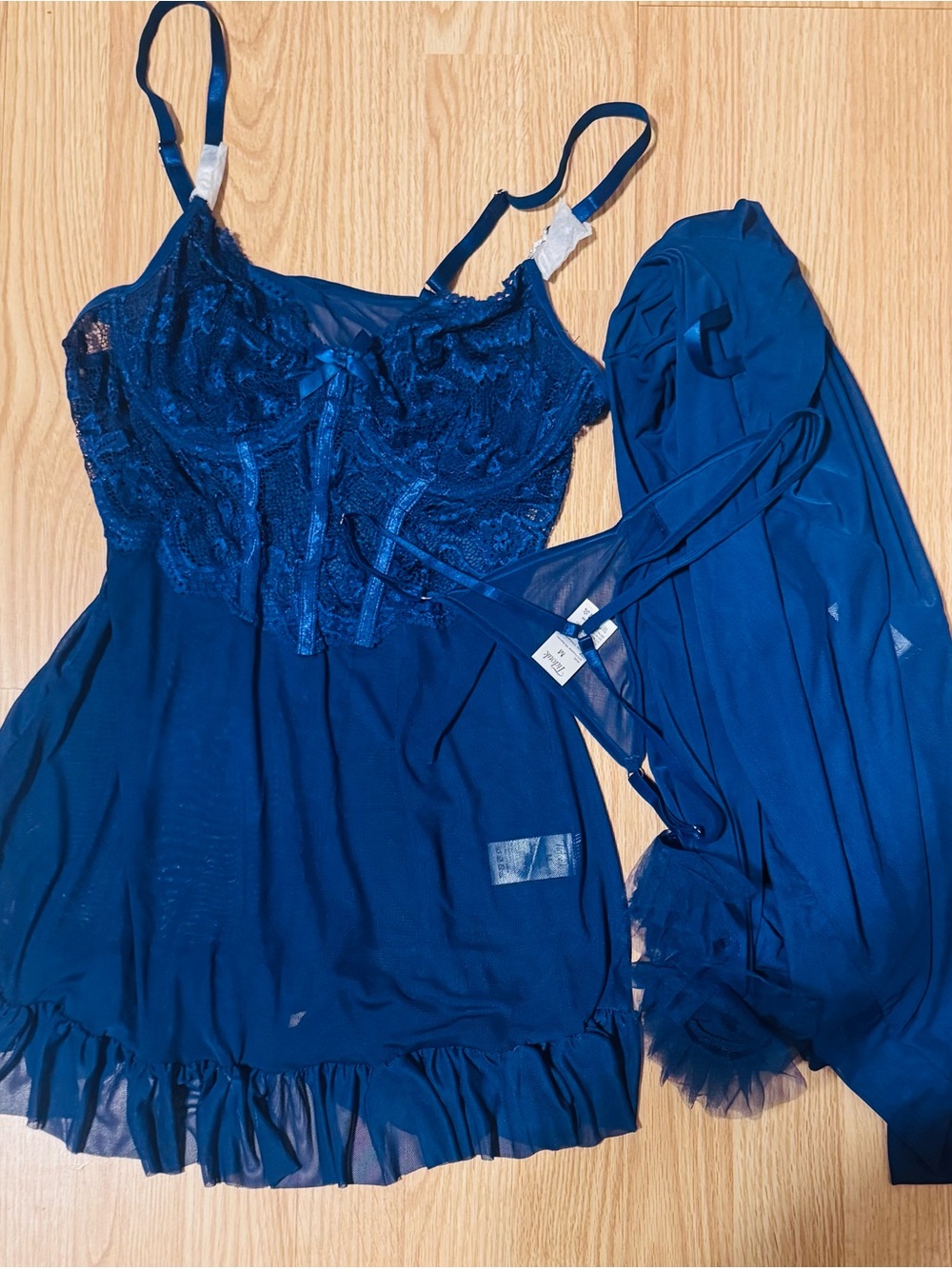 Navy Blue Lace Chemise and Robe Set - Women’s Intimates